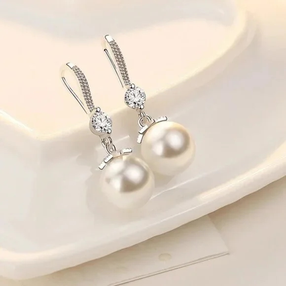 Fine 925 Sterling Silver Luxury Crystal Zircon Pearl Earrings - Picture 4 of 5